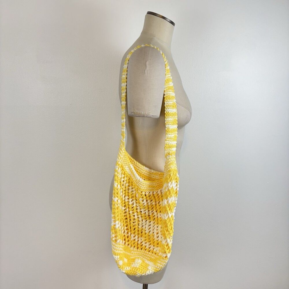 Yellow White Crocheted Knit Beach Market Shoulder Tote Bag Boho Hippie